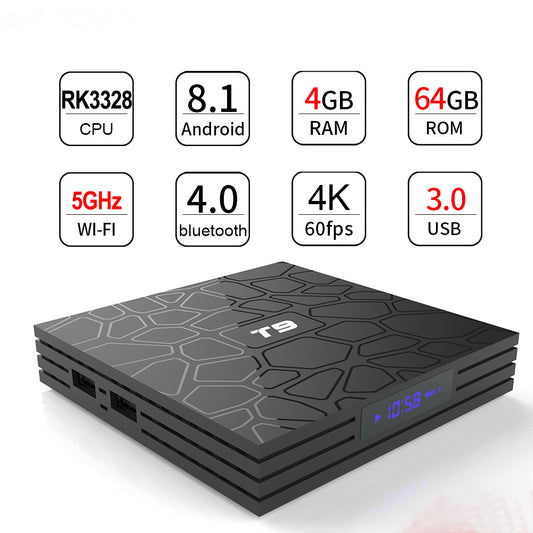 Smart Android 8.1 TV BOX T9 4GB 64GB Quad Core Bluetooth4.0 H2.65 4K 2.4GHz/5GHz WIFI Set-top box Media Player