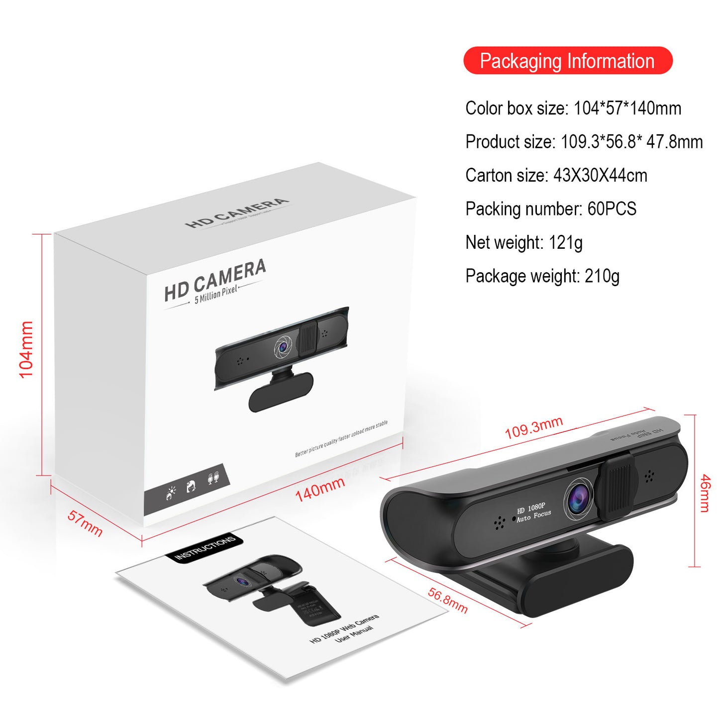 Top Mount Computer conference camera with 5 million AF autofocus and support for 1080P video conferencing and online courses